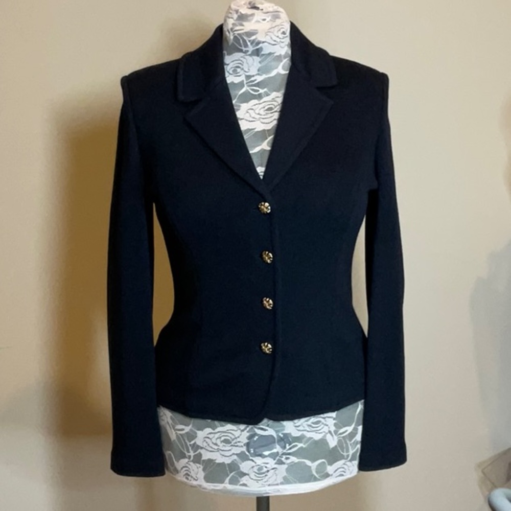 St John Black Knit Blazer w/gold buttons.Princess seams. 24” length. Size 6.